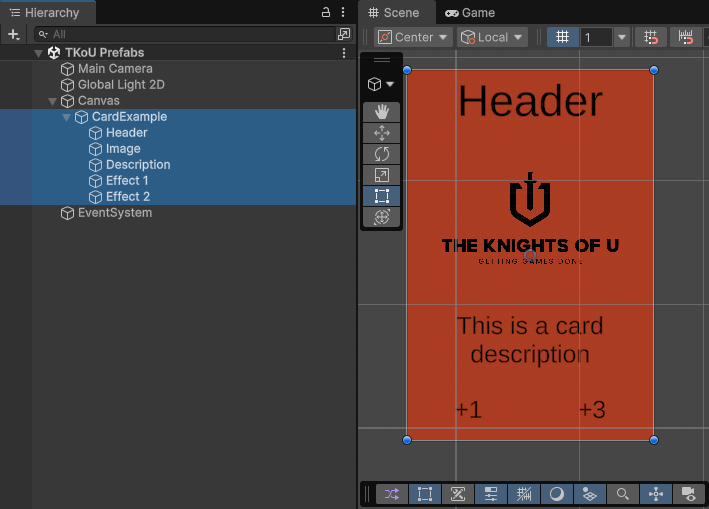 Simple card game object in Unity Editor