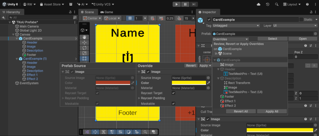 Prefab Instance Overrides dropdown in Unity Editor