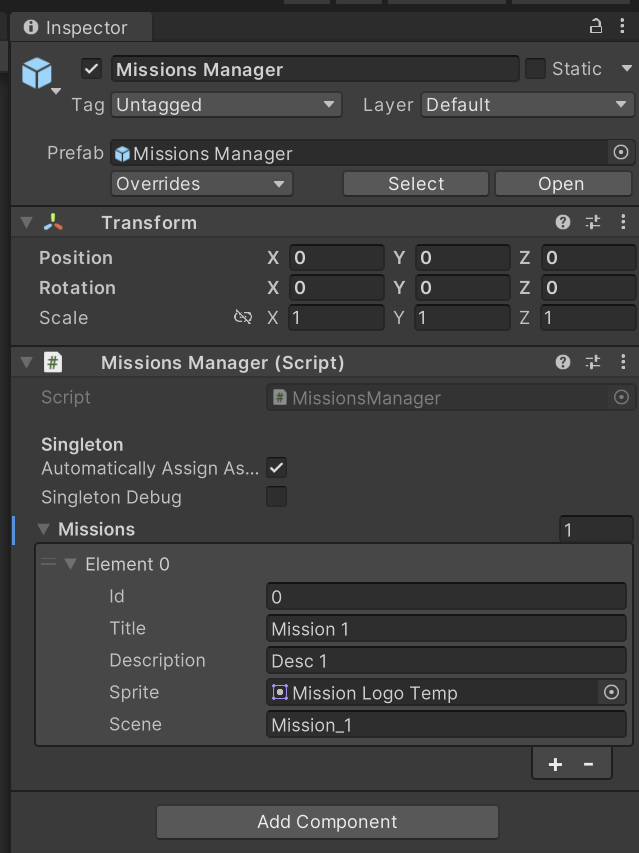 Mission Manager prefab inspector.