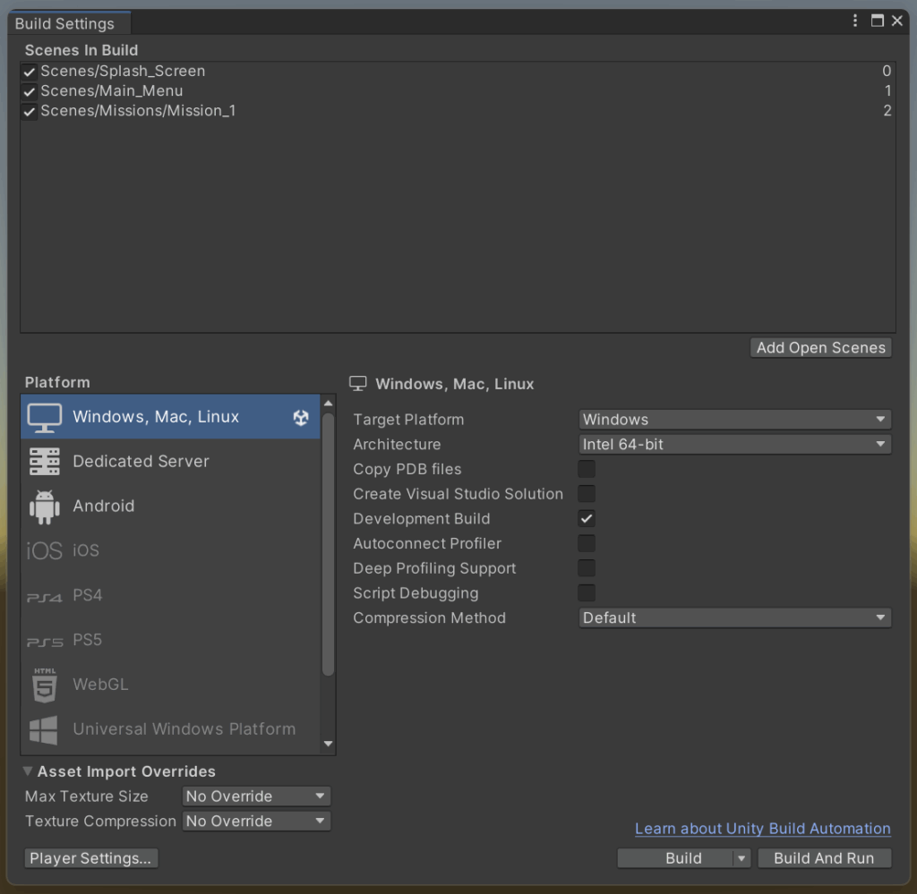 Unity Build Settings.