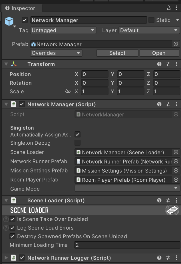 Photon Fusion 2 Network Manager prefab inspector.
