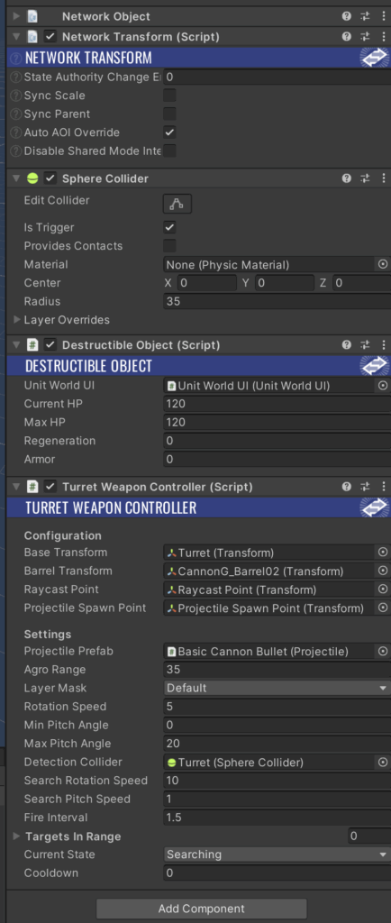 Turret prefab inspector view. Photon Fusion 2 components.