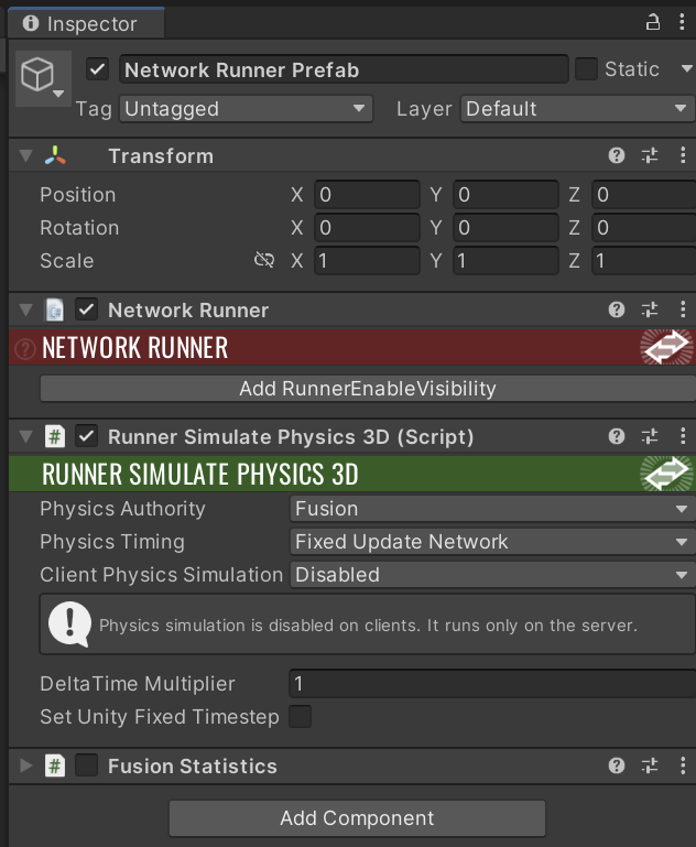 Fusion 2 Network Runner prefab inspector.