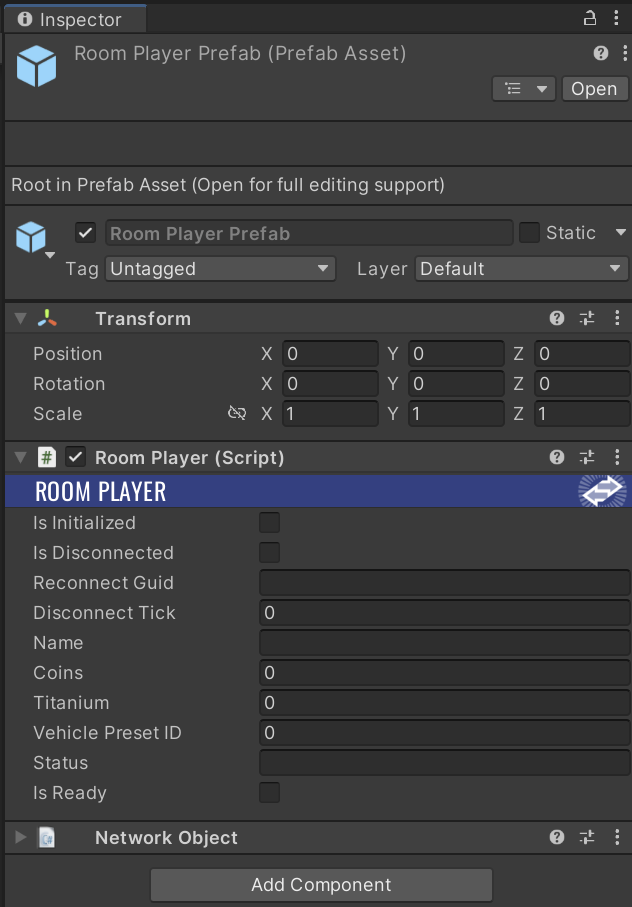 Room Player prefab inspector.