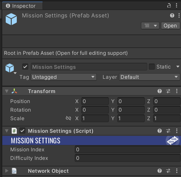 Mission Settings prefab inspector.